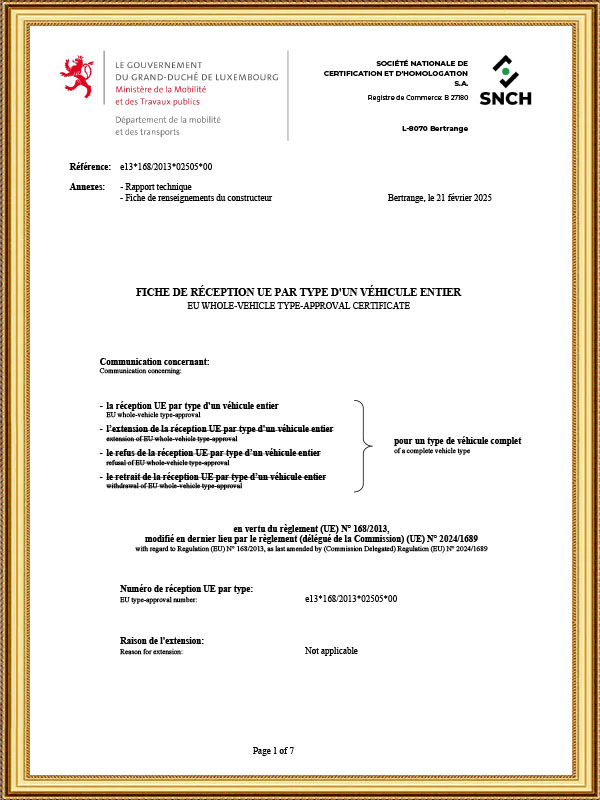 EU WHOLE-VEHICLE TYPE-APPROVAL CERTIFICATE